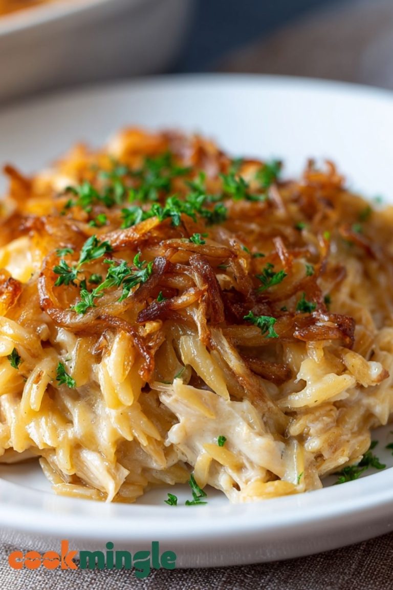 French Onion Chicken Orzo Casserole
