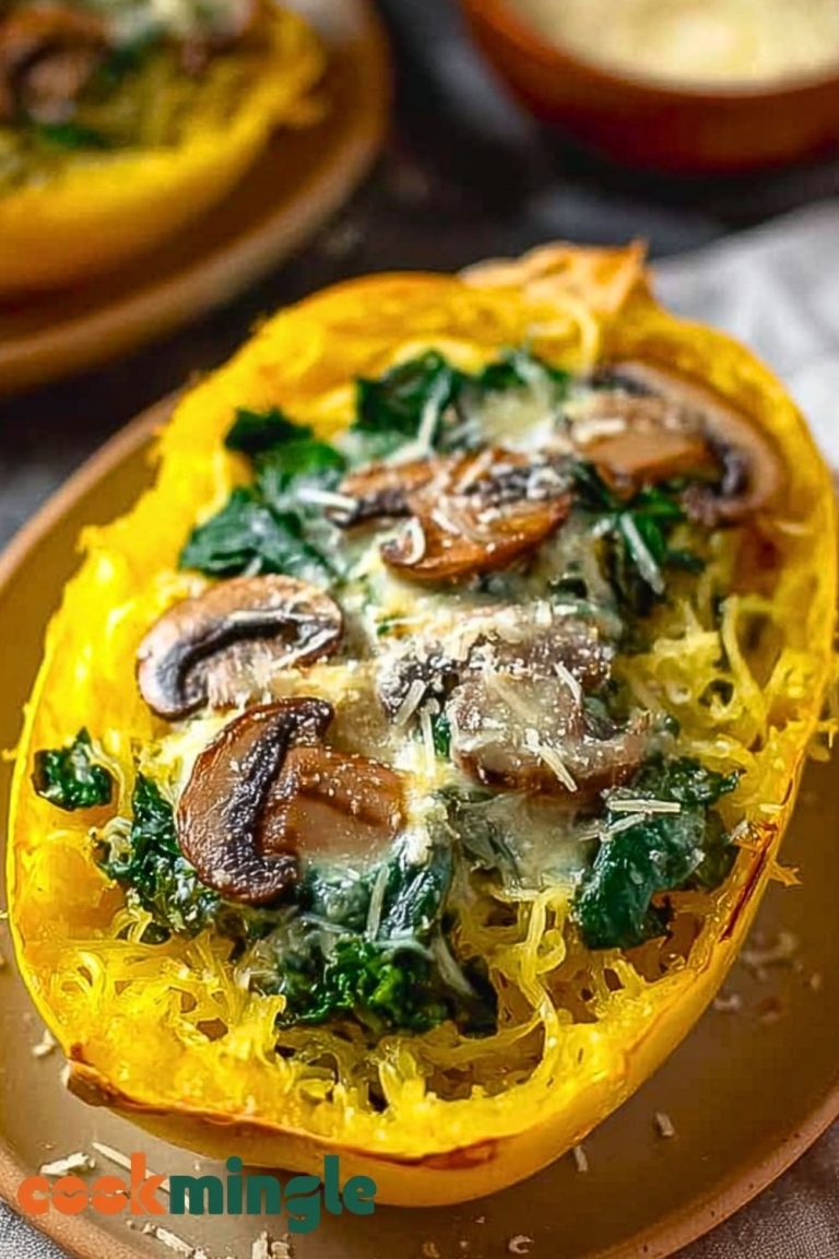 Spaghetti Squash with Mushroom and Spinach Cream Sauce