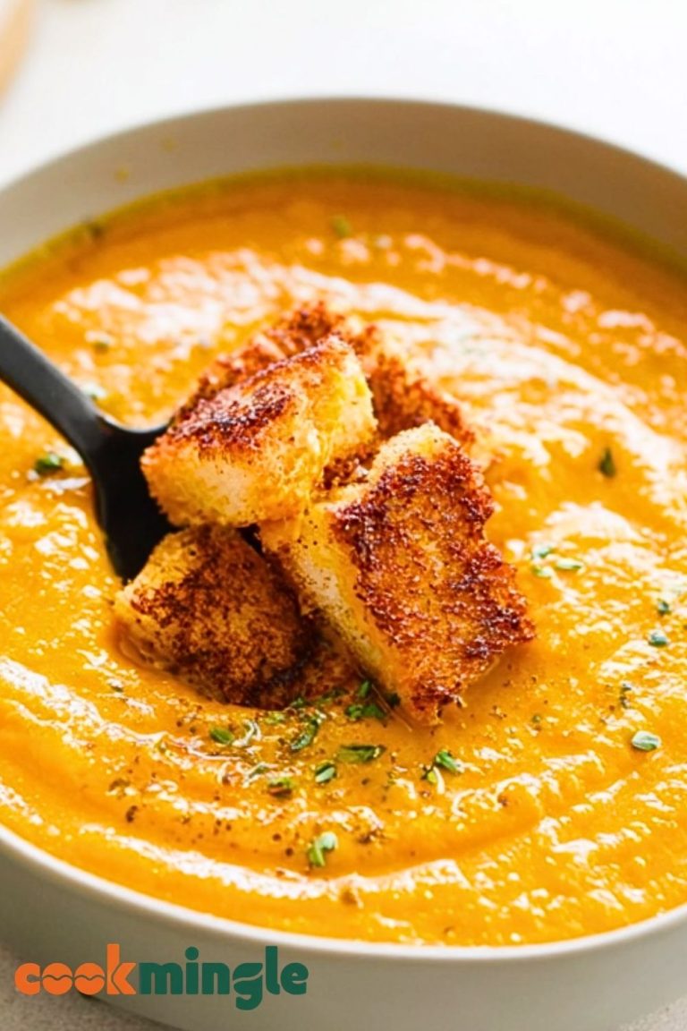 Spicy Pumpkin Soup with Grilled Cheese Croutons