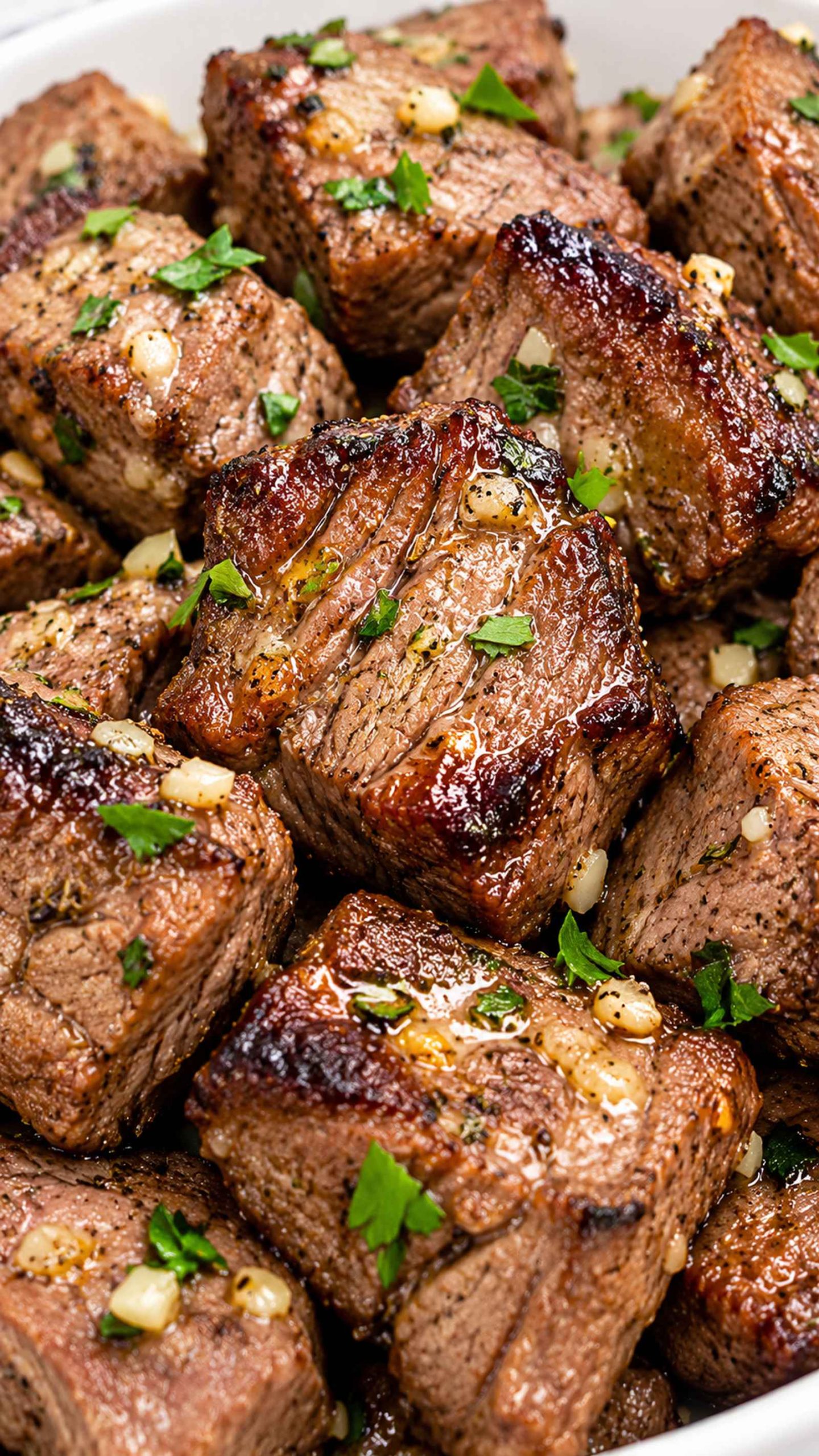 Delicious air fryer steak bites garnished with parsley and garlic butter.