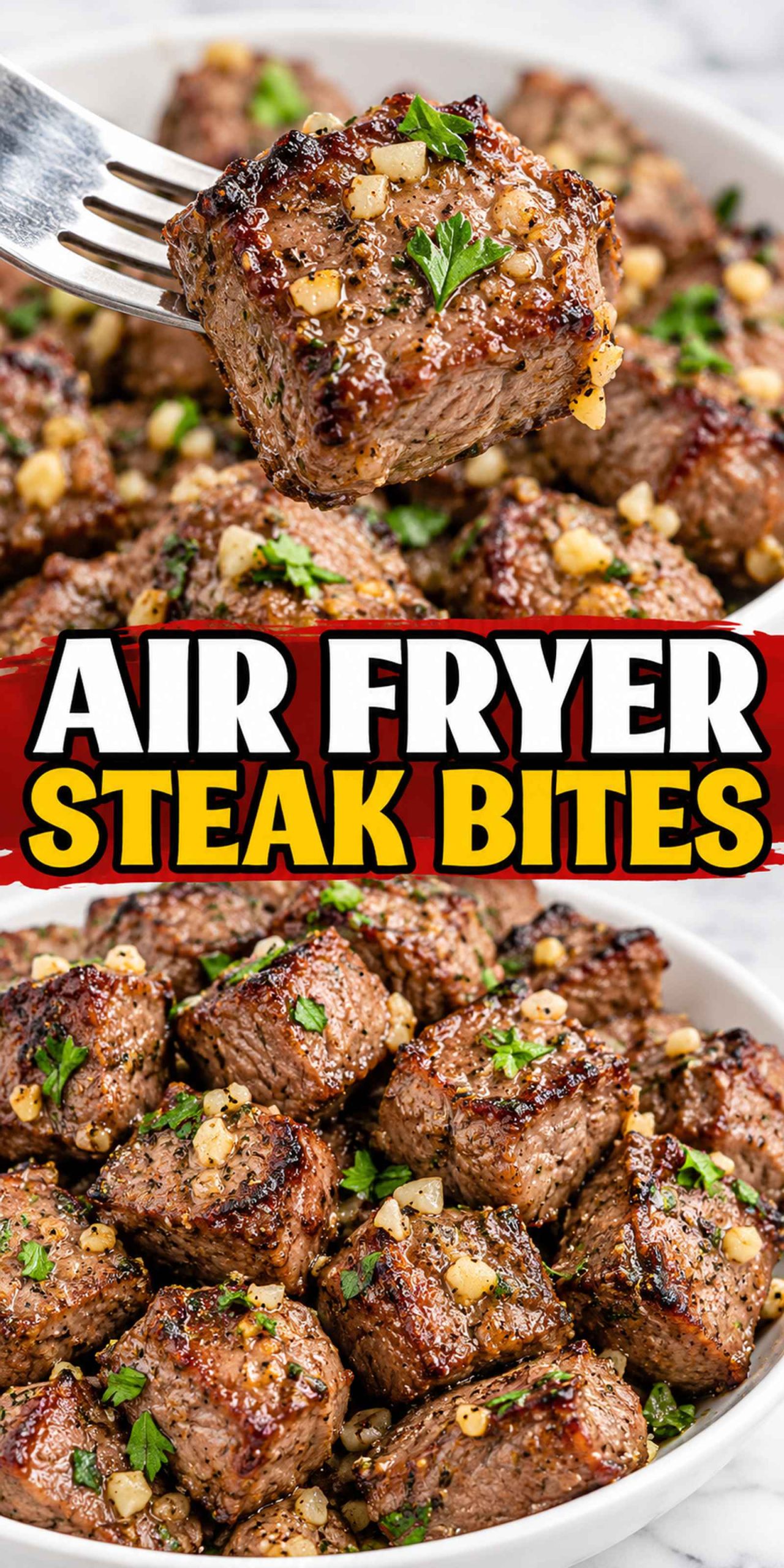 Delicious air fryer steak bites garnished with herbs, showcasing a golden-brown crust.