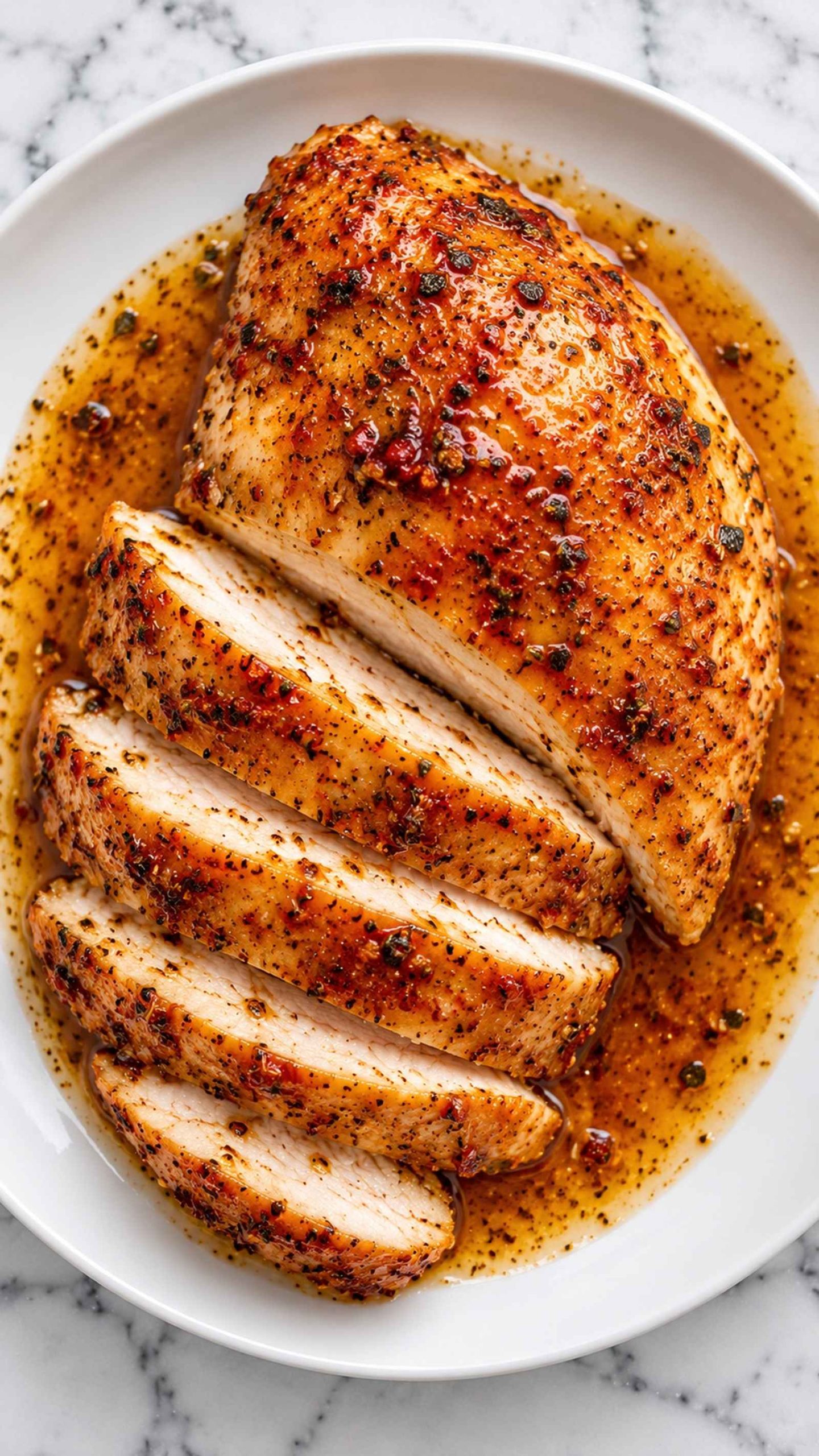 Sliced Brown Sugar Italian Chicken on a plate with a glossy sauce.