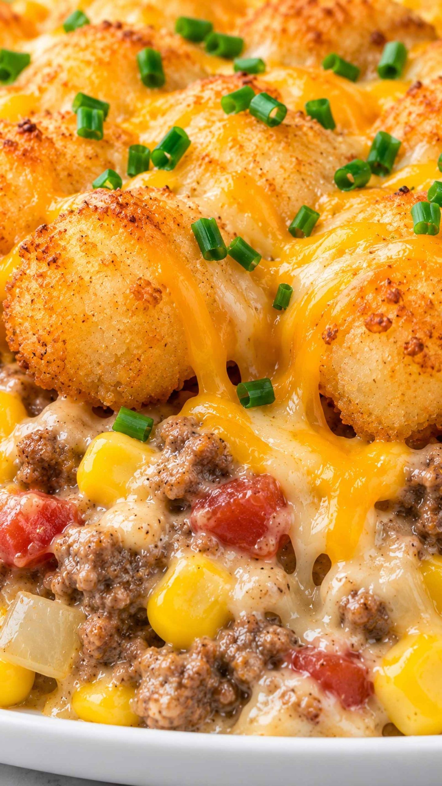 Delicious Cowboy Casserole topped with golden tater tots and melted cheese, garnished with chives.