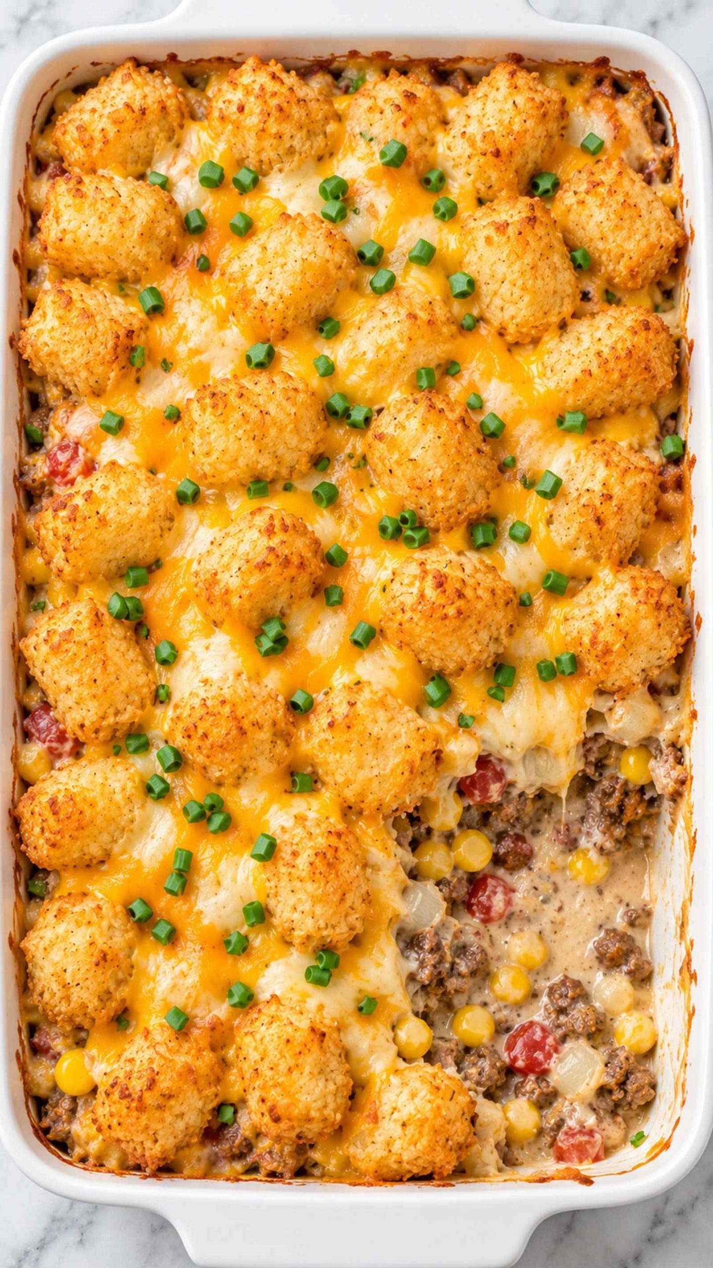 Delicious Cowboy Casserole topped with cheese and crispy tater tots, ready to serve.