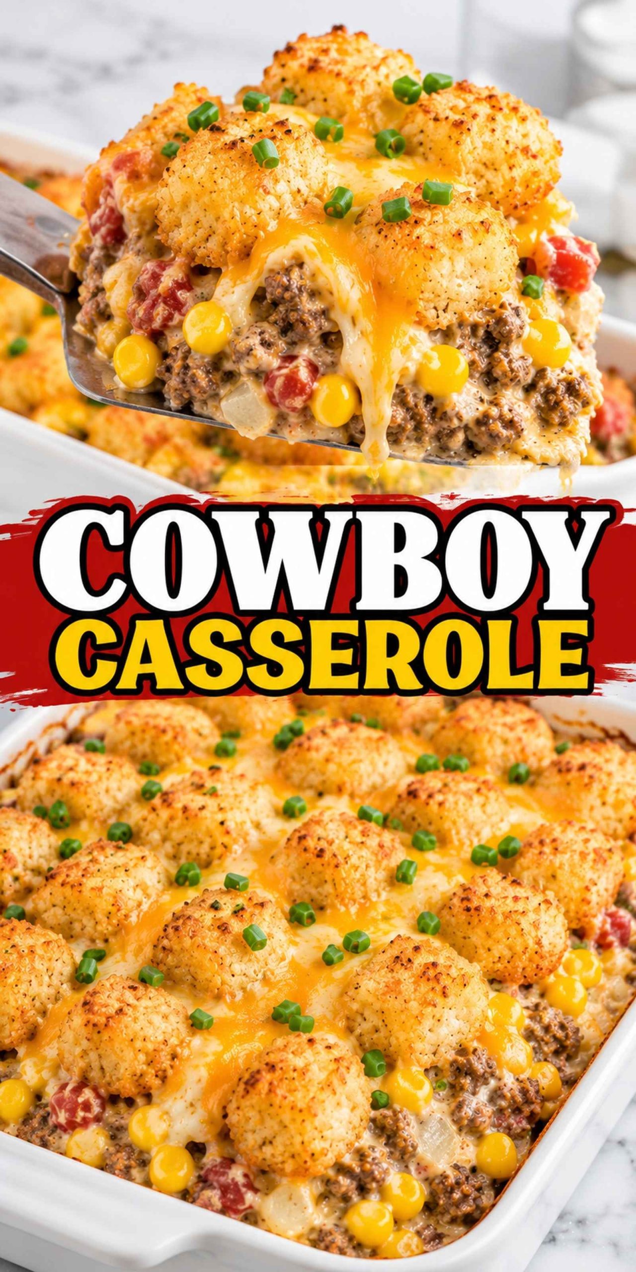 Delicious Cowboy Casserole topped with golden tater tots and melted cheese.