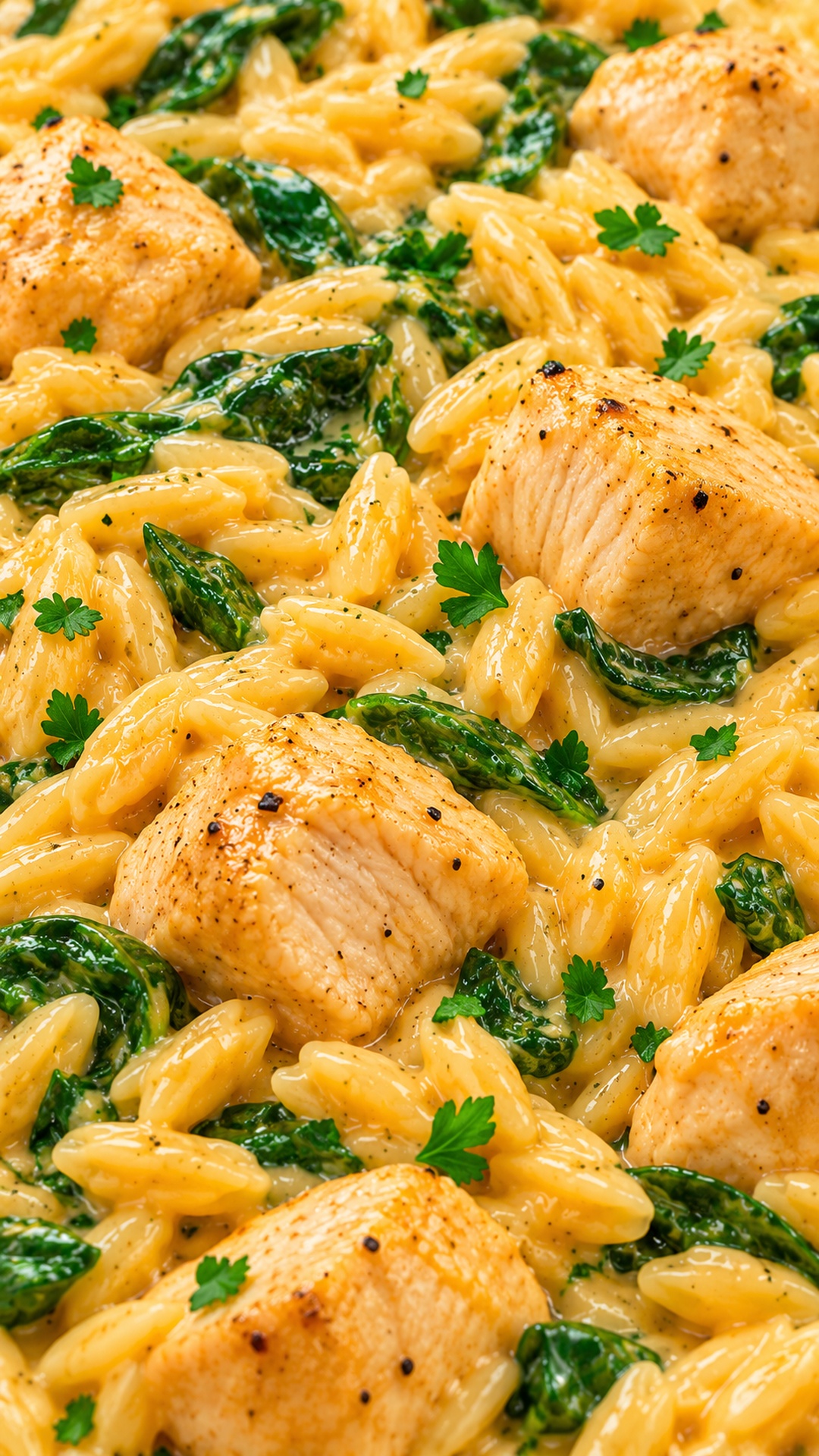 Creamy chicken orzo with tender chicken pieces and spinach in a rich sauce.
