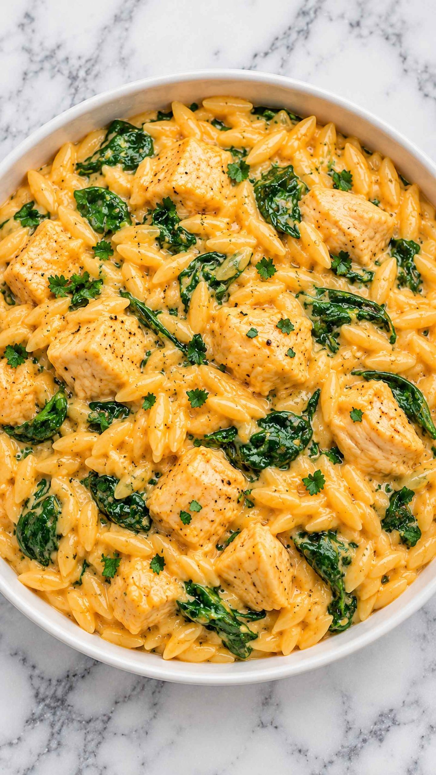 A creamy chicken orzo dish with tender chicken pieces and spinach in a rich sauce.