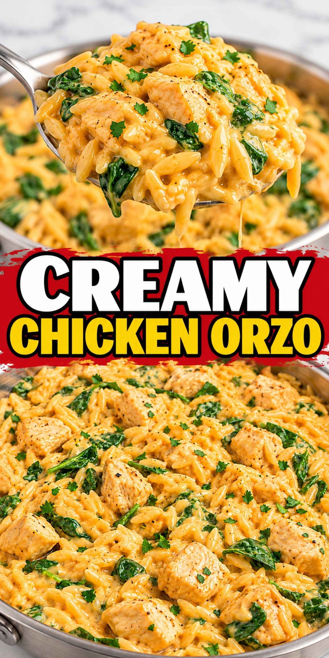 A delicious serving of creamy chicken orzo with spinach and chicken pieces.