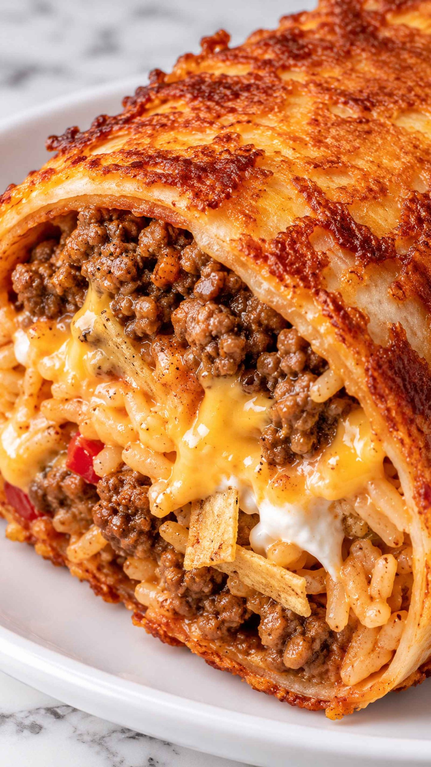Delicious grilled cheese burrito filled with beef, cheese, and crispy tortilla strips.