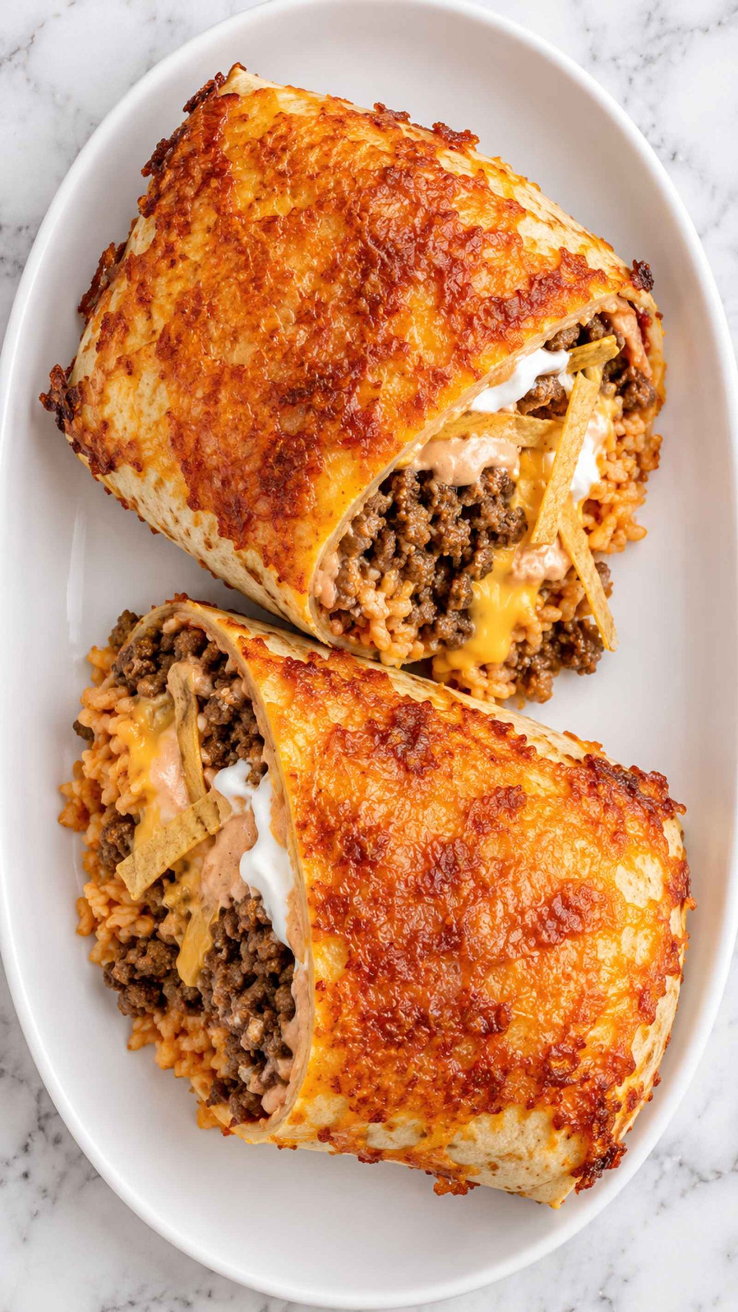 Two grilled cheese burritos filled with beef, rice, and cheese on a white platter.