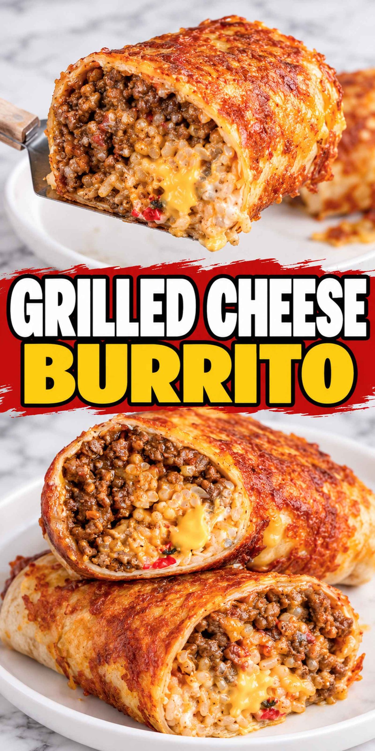 Delicious grilled cheese burrito with a cheesy filling and crispy exterior.