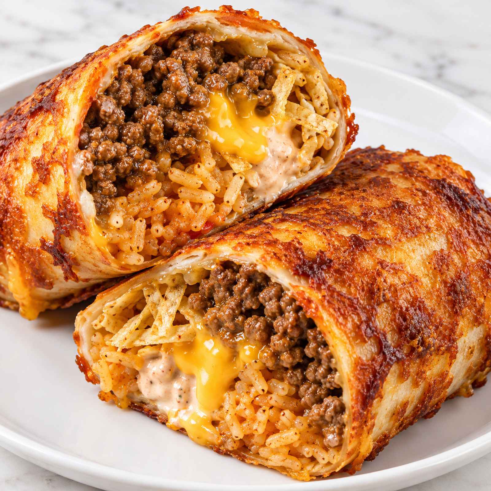 Delicious grilled cheese burrito with beef, cheese, and crispy exterior on a plate.
