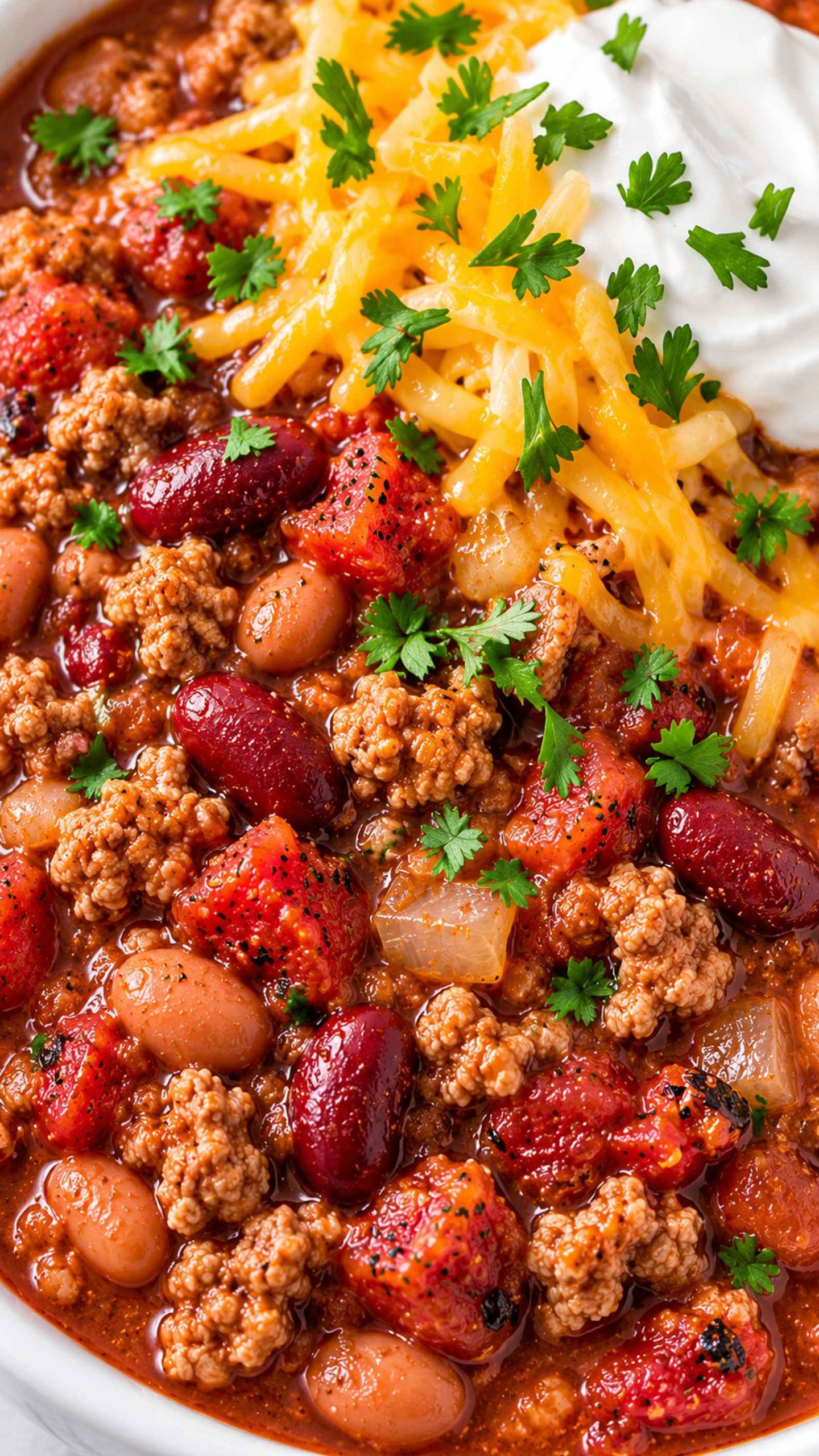 A hearty bowl of ground turkey chili topped with cheese, sour cream, and cilantro.