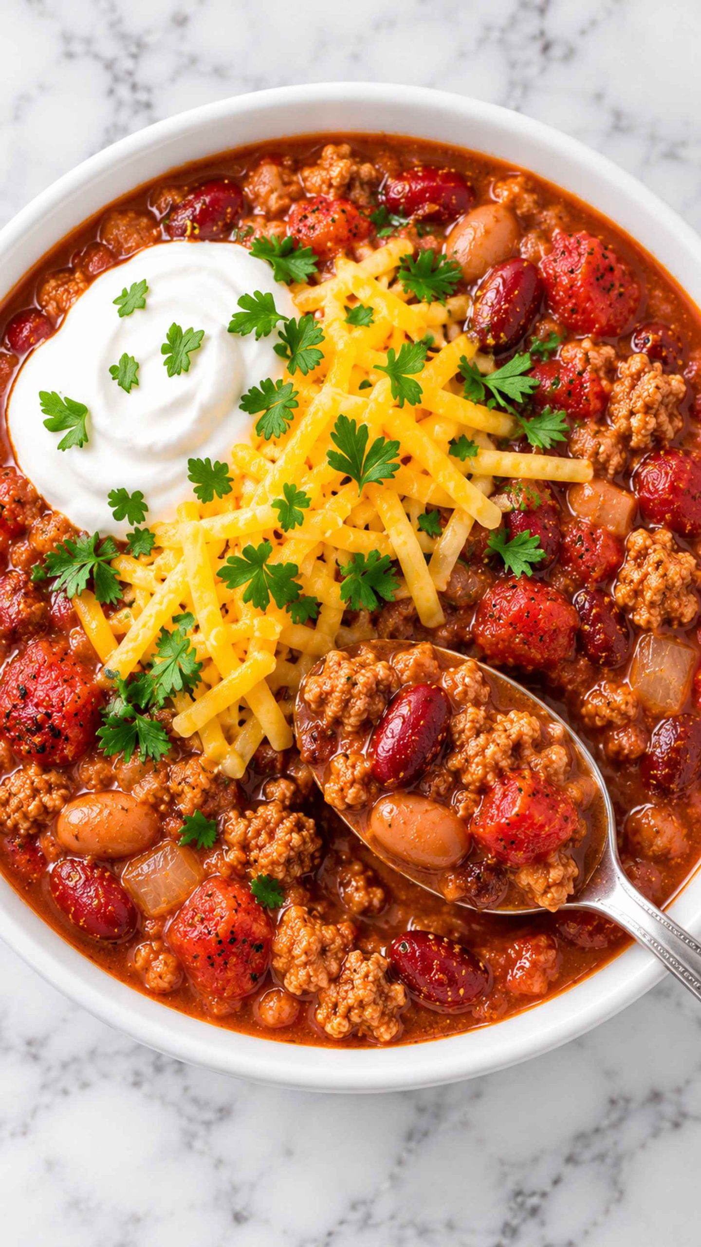 A bowl of ground turkey chili topped with cheese, sour cream, and cilantro.