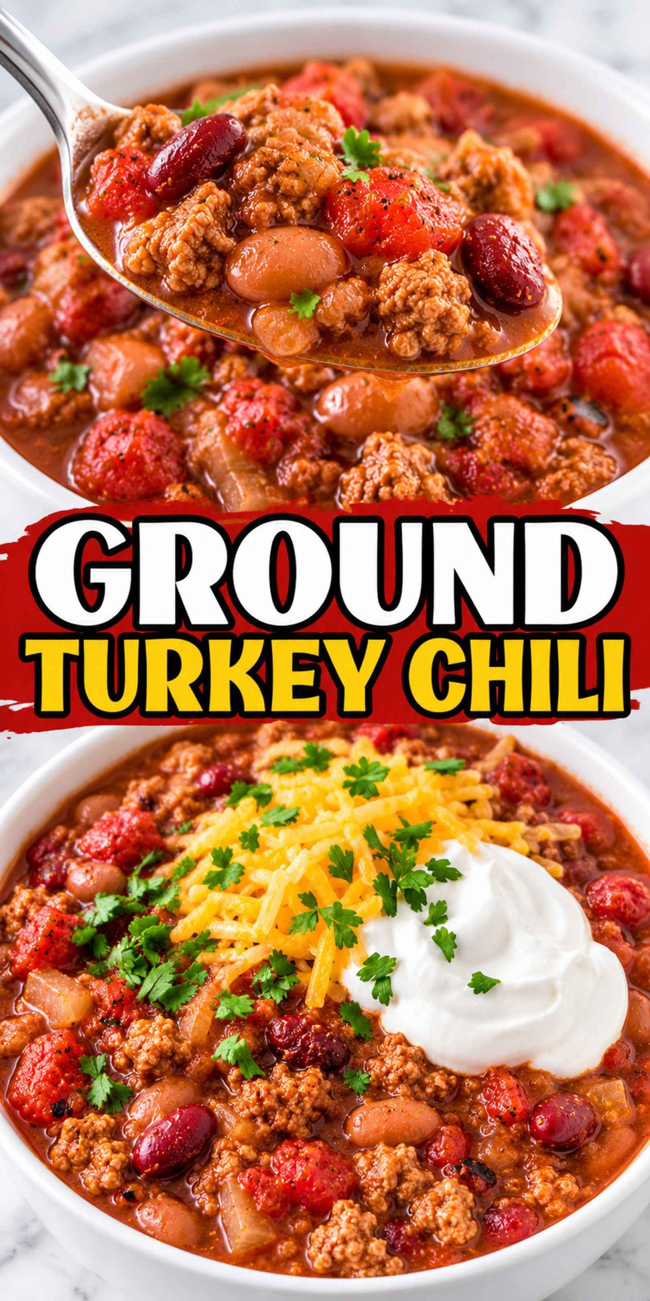 A hearty bowl of ground turkey chili topped with cheese and sour cream, garnished with parsley.